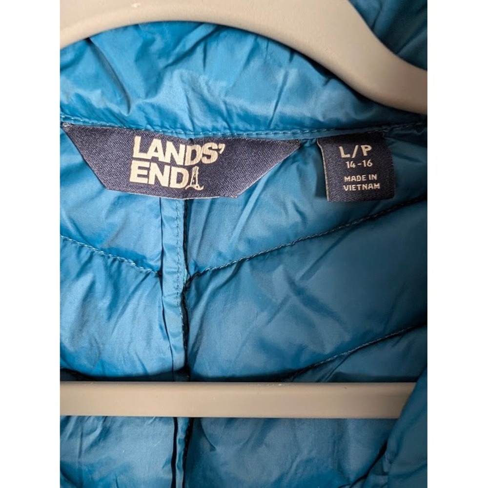 Lands End Womens Blue Colorblock Down Puffer Vest Size L 14-16 Chevron Quilted - Picture 7 of 9